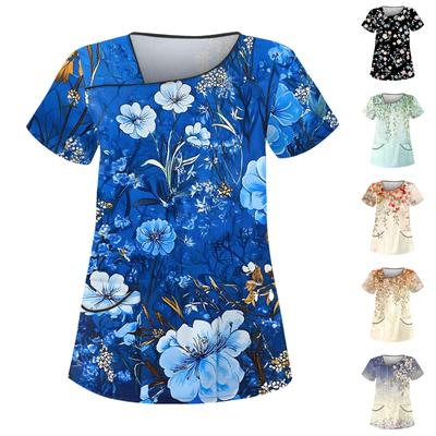 Women's Casual Print Short Sleeve Sloping Collar Workwear Top With Double Pockets