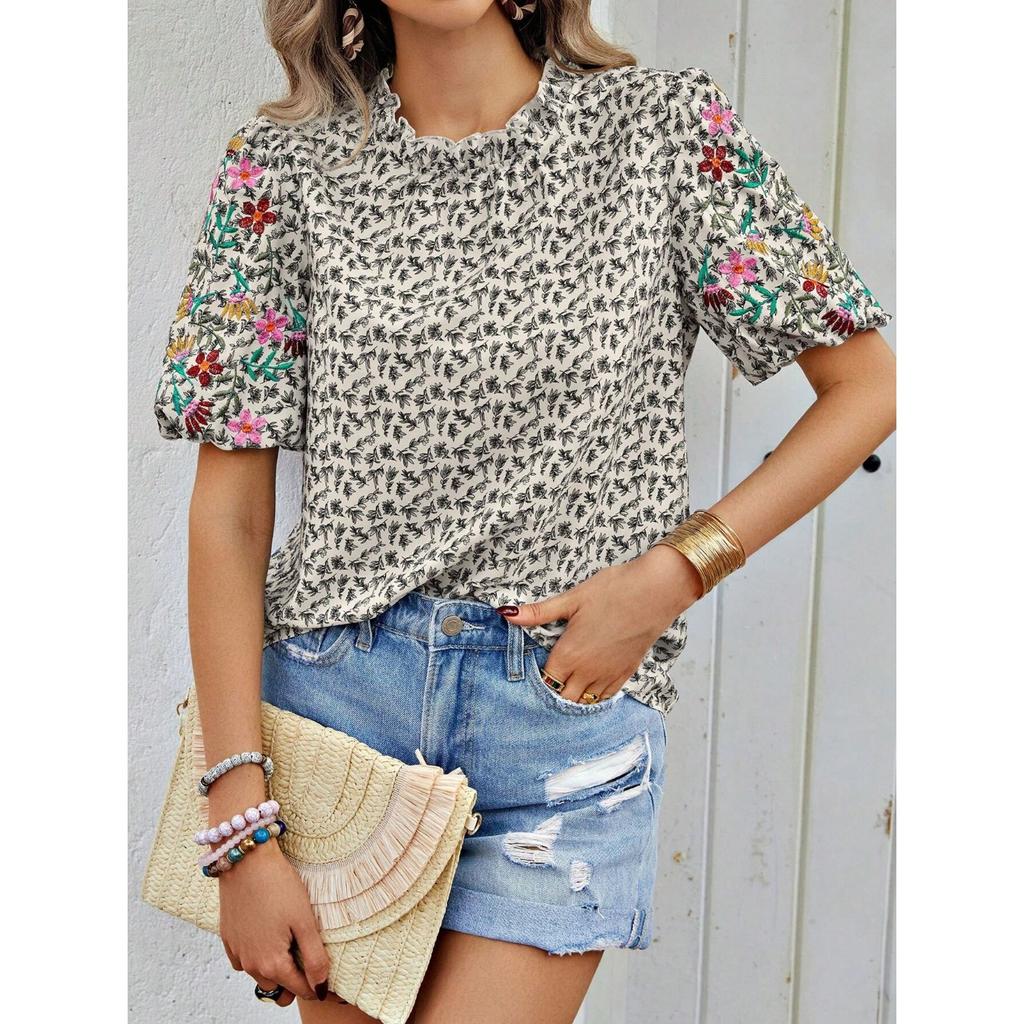 IHUASU Damen Sommer Bestickt Bedruckt Schnalle Welle Hoher Kragen Kurz Farbpassendes Top