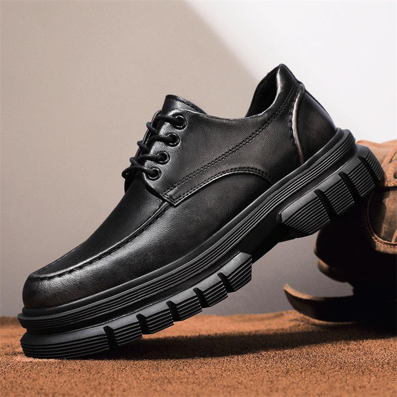 Men's Spring Casual Leather Derby Shoes with Thick, Lightweight Sole for Height Increase