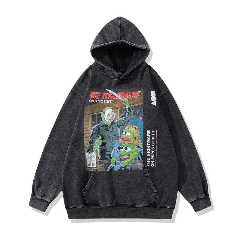 Harajuku Retro Cartoon Print Pullover Hoodie Fried Color Retro Casual Loose Hooded Sweater Men And Women
