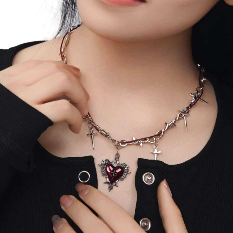 Gothic Red Thorn Heart Choker Necklace - Sweet & Cool Punk Style for Women