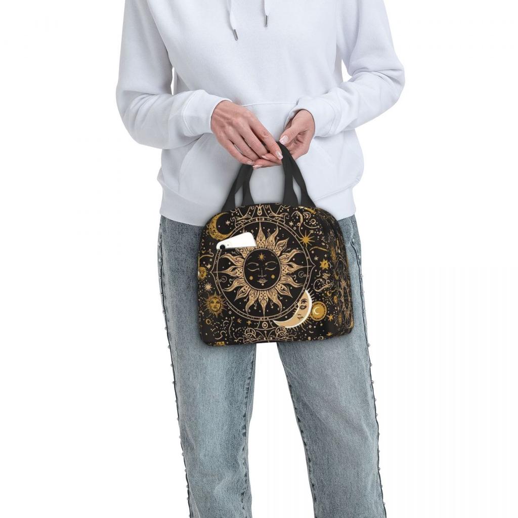 Boho Golden Crescent Moon And Sun Witch Insulated Lunch Bag for Women Children Portable Food Boxes Thermal Lunch Box Tote