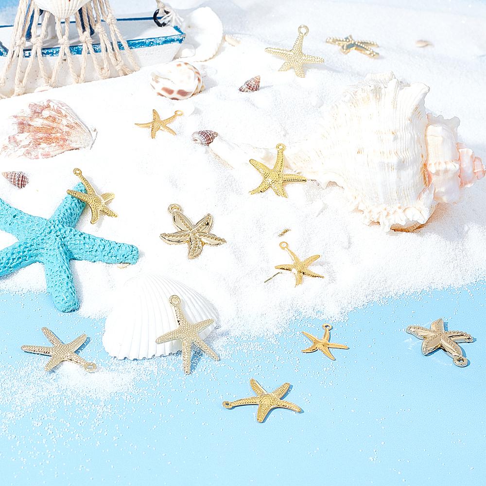 50Pcs 5 Style Iron & Alloy & Brass Pendants Starfish/Sea Stars Light Gold 17.5~24x15.5~22x1~3mm 10pcs/style