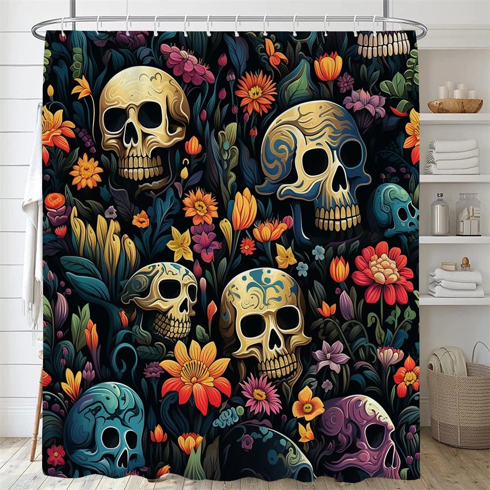 Personality Flowers And Horror Skeleton Skull Shower Curtain Polyster Fabric Home Decor Halloween Bathroom Curtain With Hooks