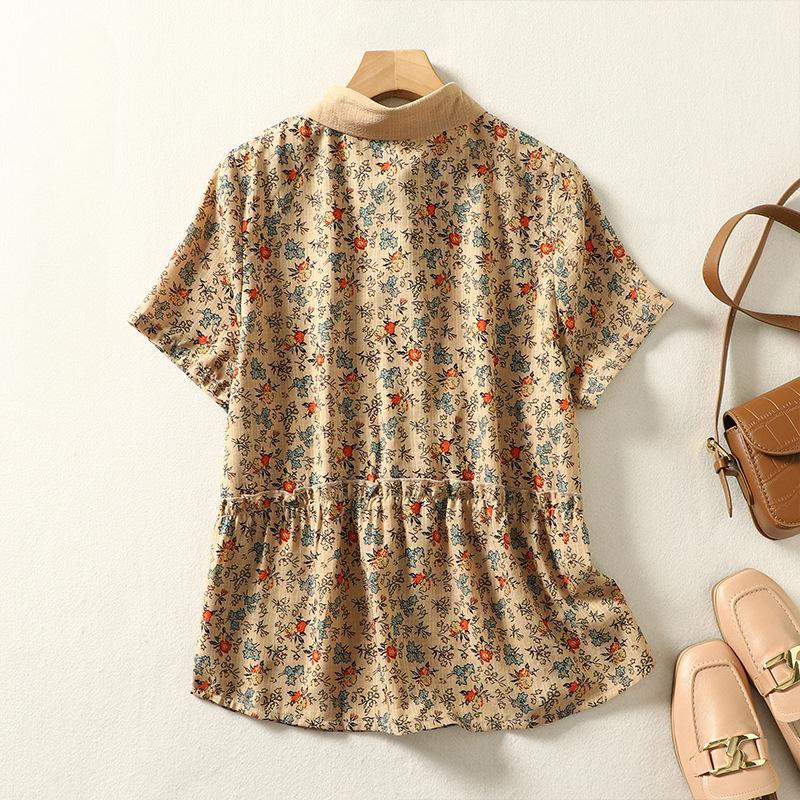 Plus Size Summer Women's Shirt Literary Loose Floral Casual Ageing Short-sleeved Top