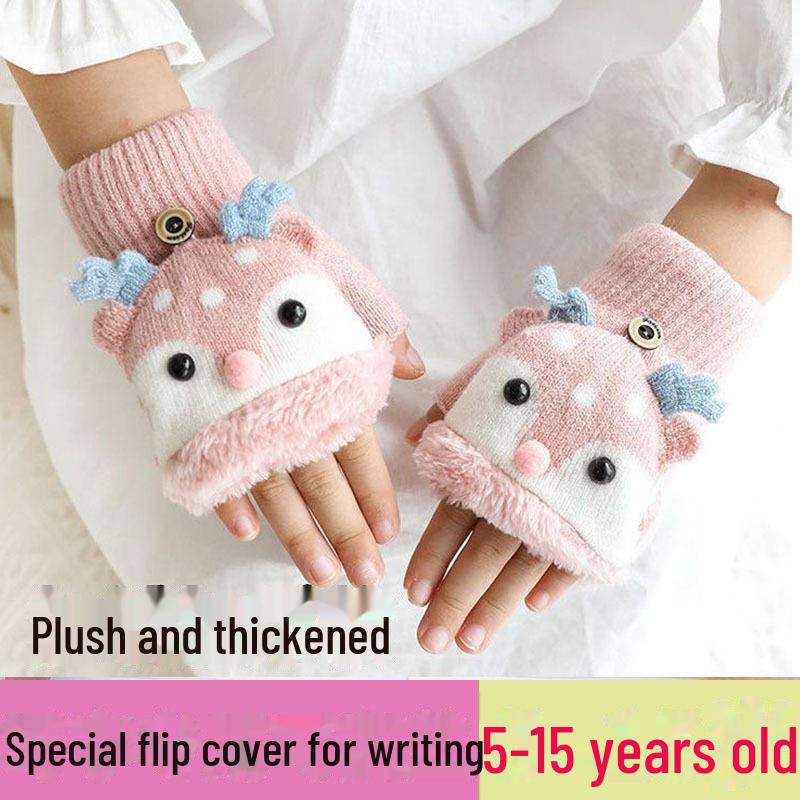 

Детские вязаные варежки с рисунком оленя, теплые зимние, на бархатной подкладке, с застежкой-полупальцем, для учеников начальной школы. Plush, elk розовый