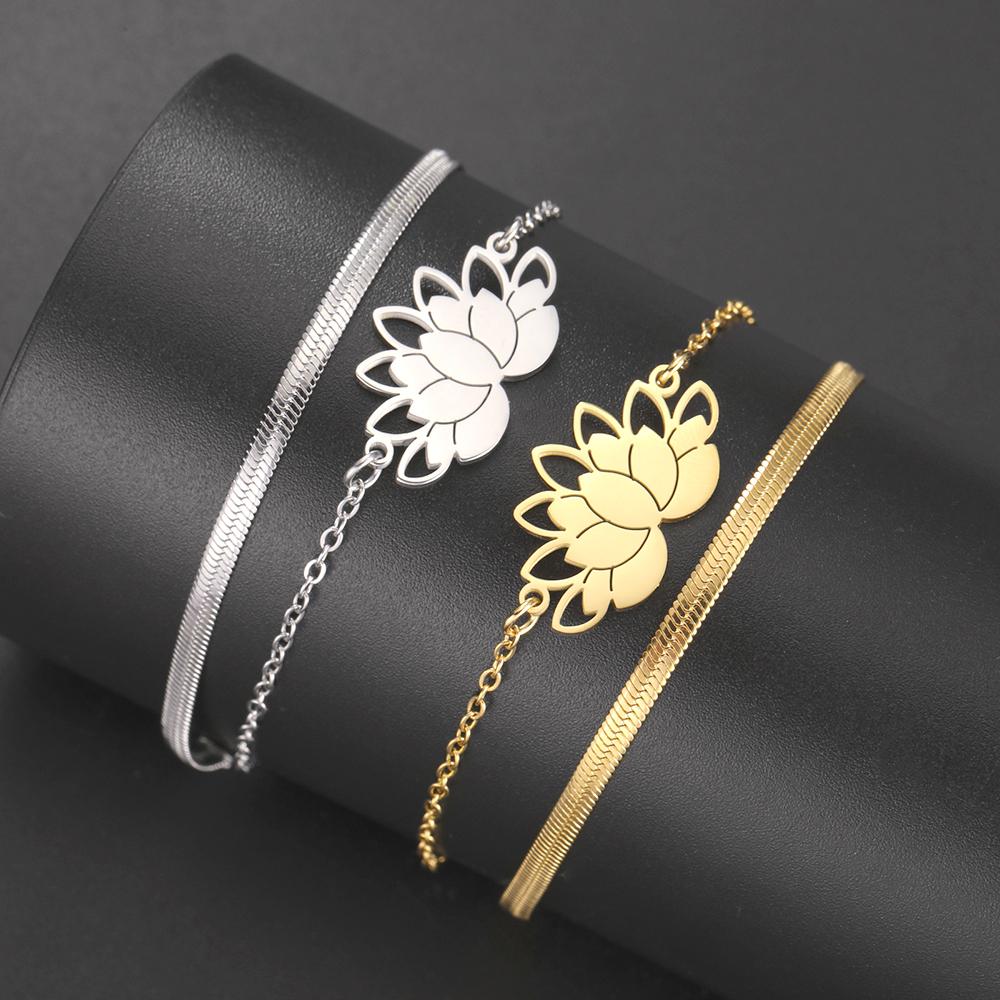 Bracelet Fleur de Lotus Dawapara Charme Lotus Bonne Fortune Bracelet Femme Cadeaux Amoureux Méditation Yoga Bijoux Couple Acier Inoxydable