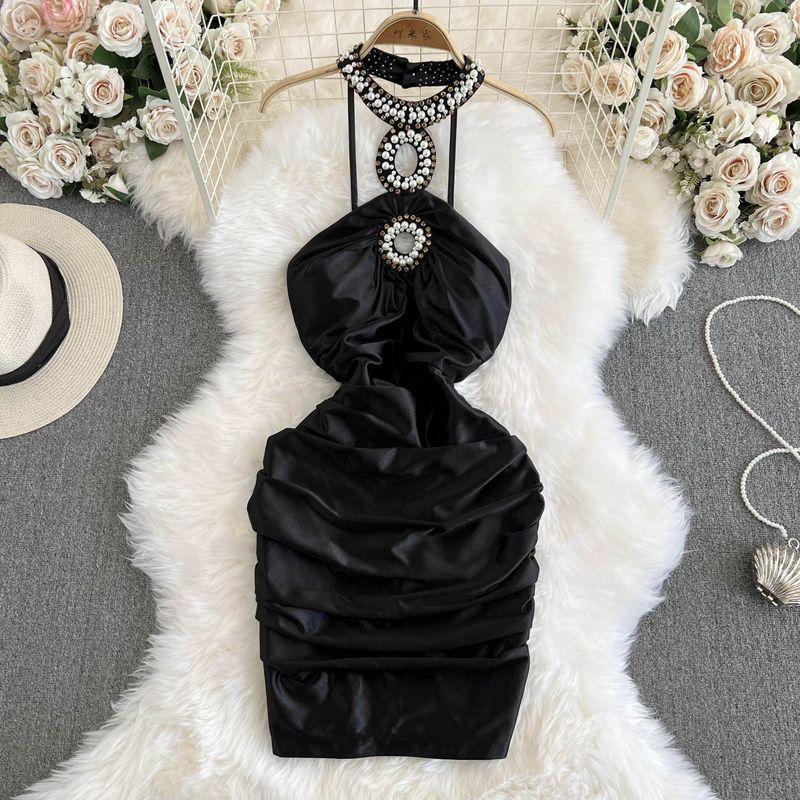 

Летняя женская одежда 2024 года, Тяжелая промышленность, Бисер, Элегантность, Сексуальный топ-халтер с открытыми плечами, Платье-футляр, Атласное платье Black S