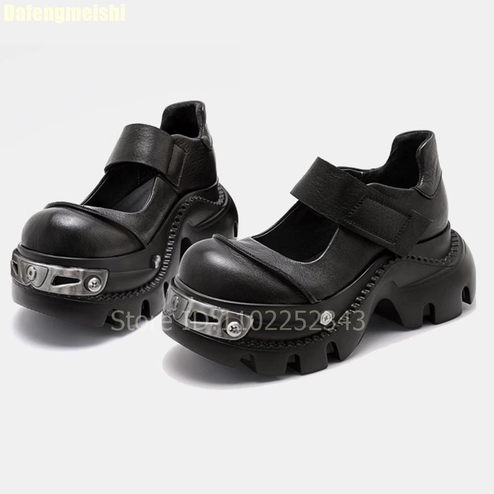 Fashion 2025 New Thick-Soled Mary Jane Shoes Women Punk Style Summer Shallow Round Toe Black Leather Shoes Height-Increasing Pumps