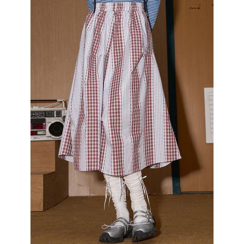 Coolhut Designer Retro Pink Versatile Contrasting Color High-Waisted Slimming Plaid Girly Skirt