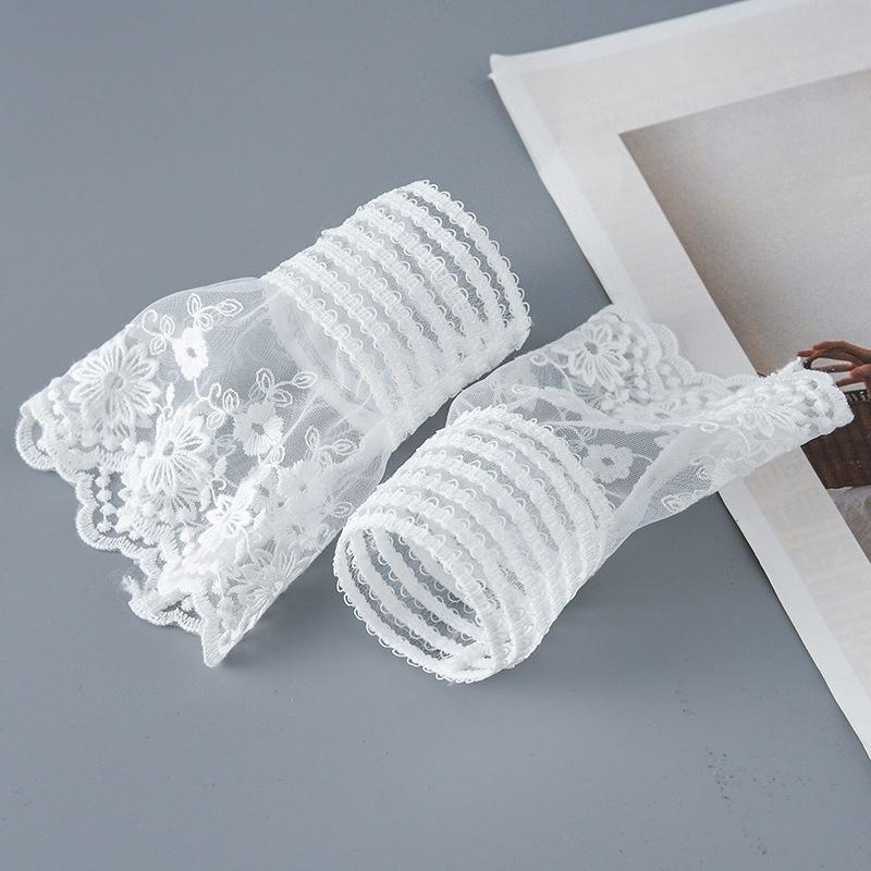 Female Dress Pleated Ruffles Horn Cuffs White Embroidery Floral Lace Fake Sleeves Double Layer Sweater Wristband