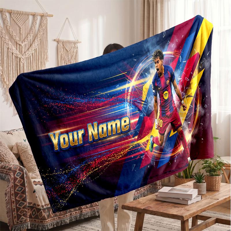 Lamine Yamal Personalized Fleece Blanket With Football Logo, Custom Name Text Soft Warm Home Throw Blanket