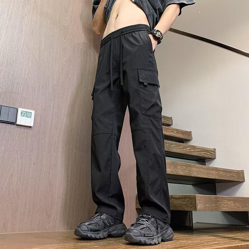 Men Loose Straight Cargo Pants Casual Long Trousers M чёрный