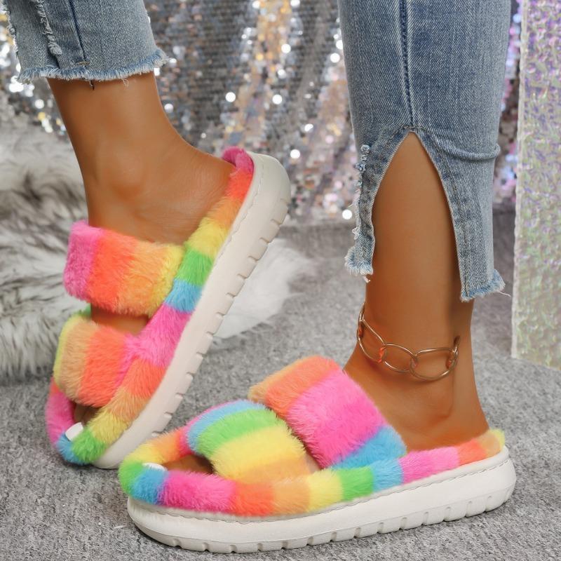 Warm Winter Women Plush Fluffy Slippers Open Toe Comfort Shoes Fuzzy Indoor Warm Soft Furry House Slippers Slides Women