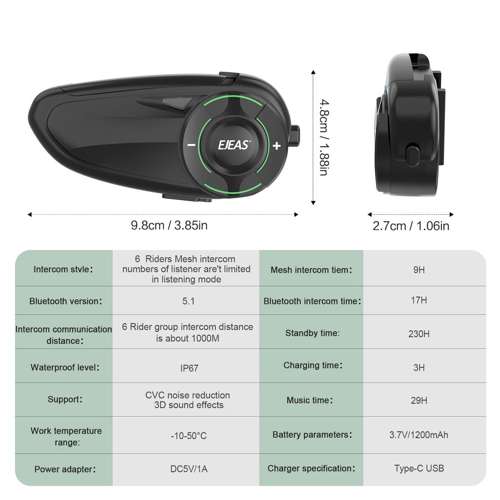 EJEAS Q8 Bluetooth 5.1 Motorcycle Helmet Headset Intercom, with EUC Remote Walkie Talkie, for 6 Riders Talking At Real Time IP67