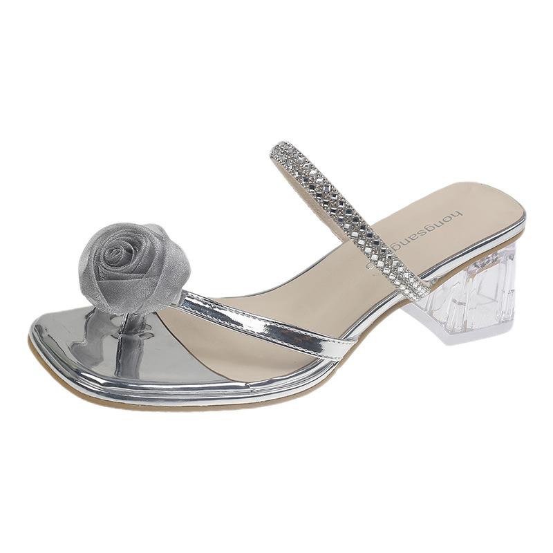 Beautiful flower set toe slippers women's summer new rhinestone toe sandals crystal thick heel with skirt sandals