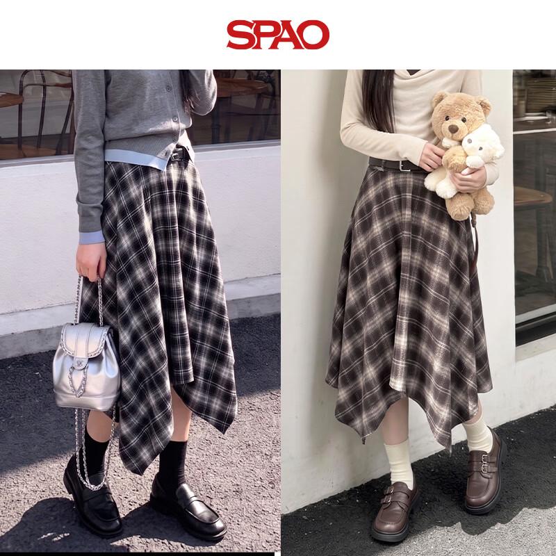 SPAO Korean Style High-Waisted Plaid A-Line Midi Skirt