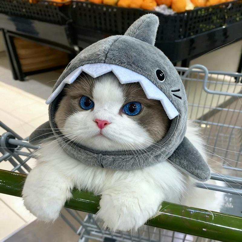 New Pet Cat Shark Headband, Winter Warm Plush Dog Hat, Cute Cartoon Headwear, Photography Props & Decorations