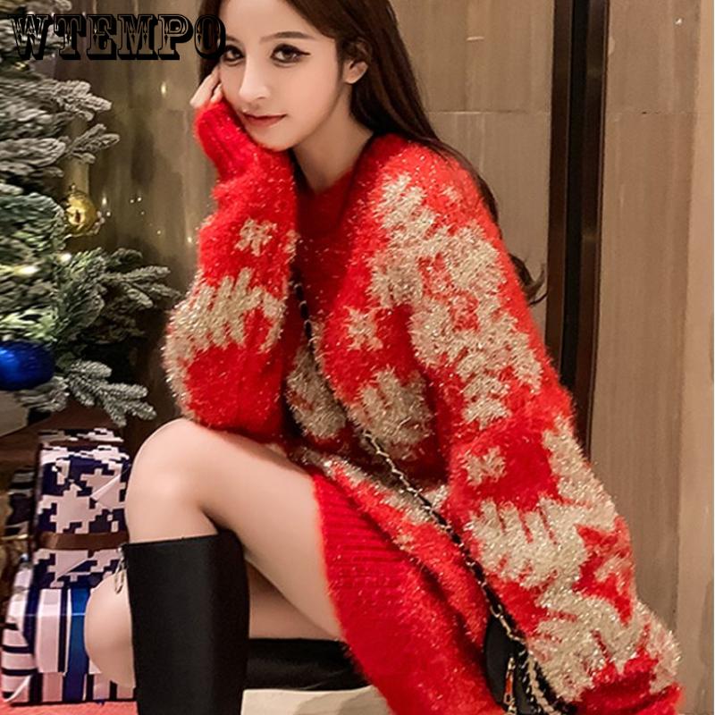 WTEMPO Langärmiger Weihnachtspullover Damen Herbst Winter Strickoberteile Lockerer Lässiger Stil Mittellang Strickpullover