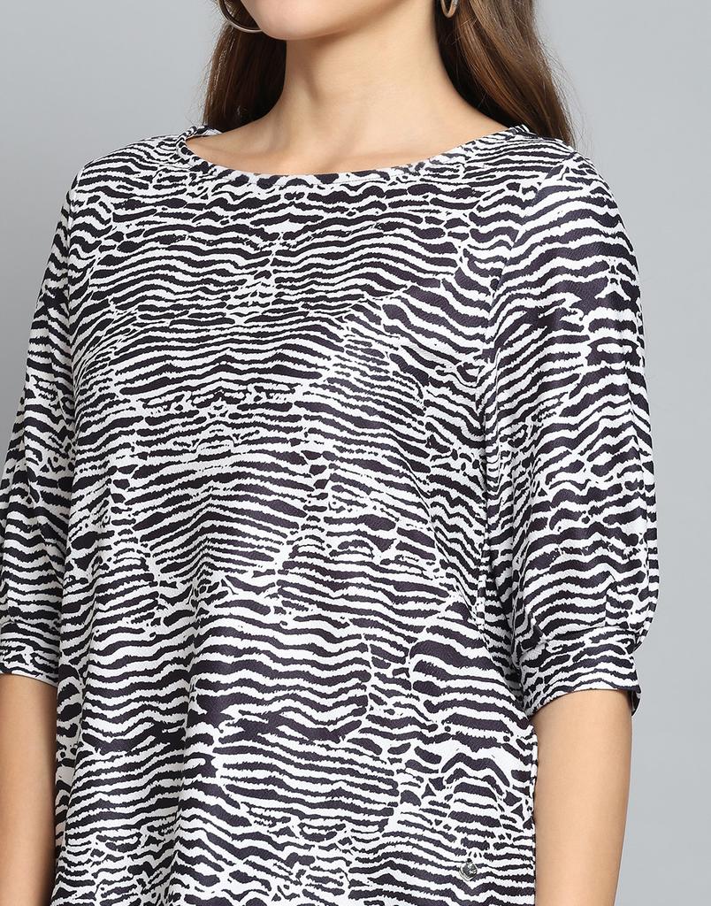 MONTE CARLO Womens Printed Black & White Round Neck 3/4 Sleeve Top