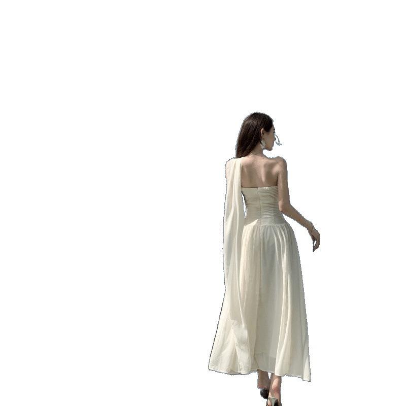 French Temperament Streamer Slanted Shoulder Tube Top Dress Fairy Summer Seaside Vacation Sexy Long Skirt