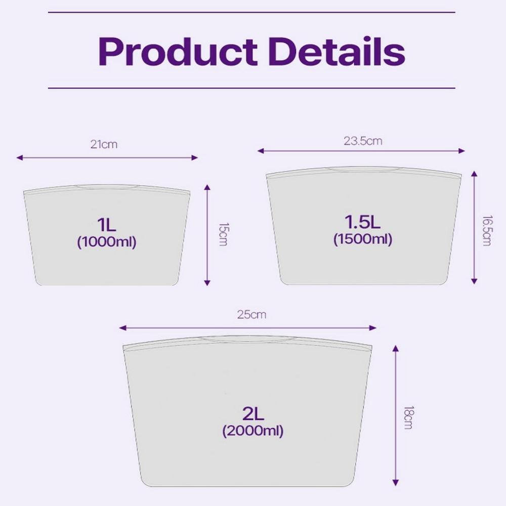 MARCH HOME Reusable Silicone Zipper Food Storage Bag Set Purple 1L + 1.5L + 2L