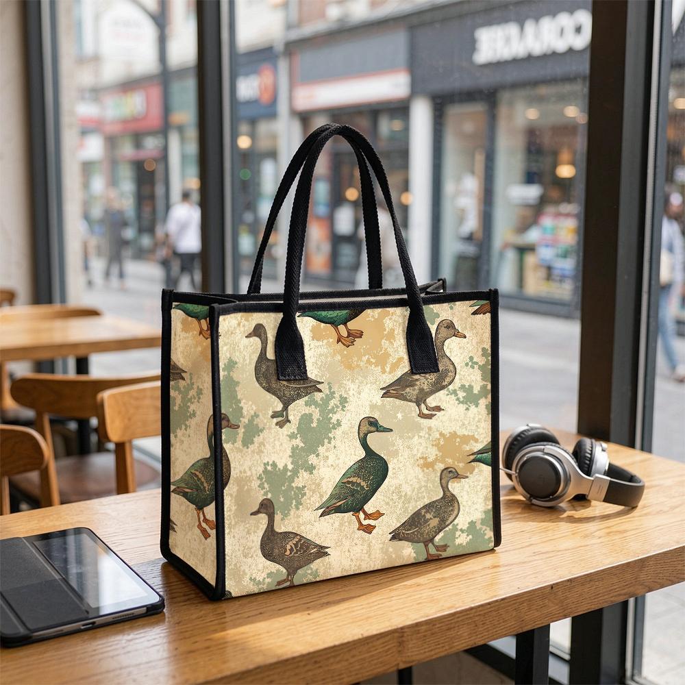 Vintage Duck Print Tote Bag Casual Portable Shopping Shoulder Purse for Daily Use