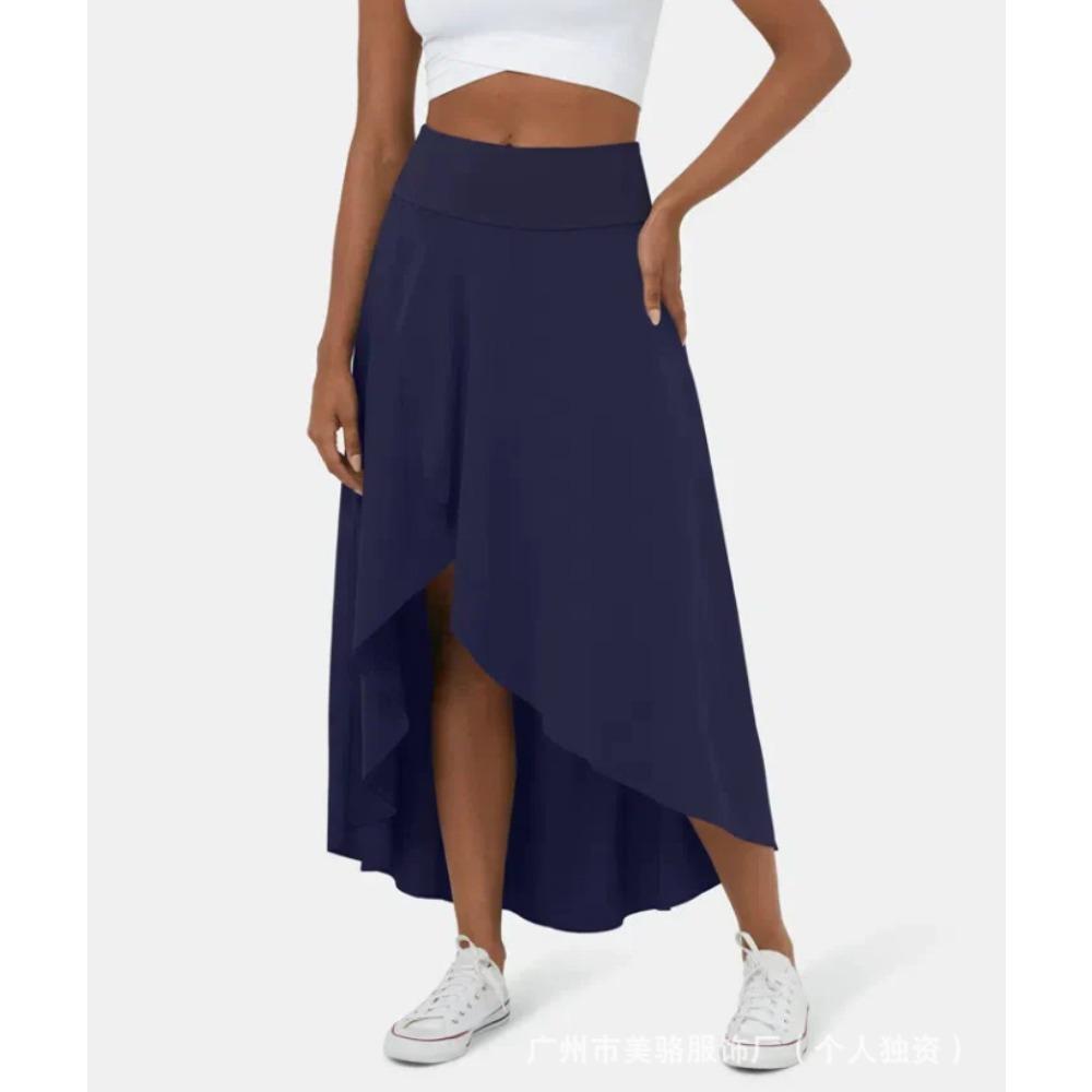 Damen Hochtaillierter Asymmetrischer Rüschensaum Leichter Fließender Lässiger Midi-Rock XL dunkelblaue