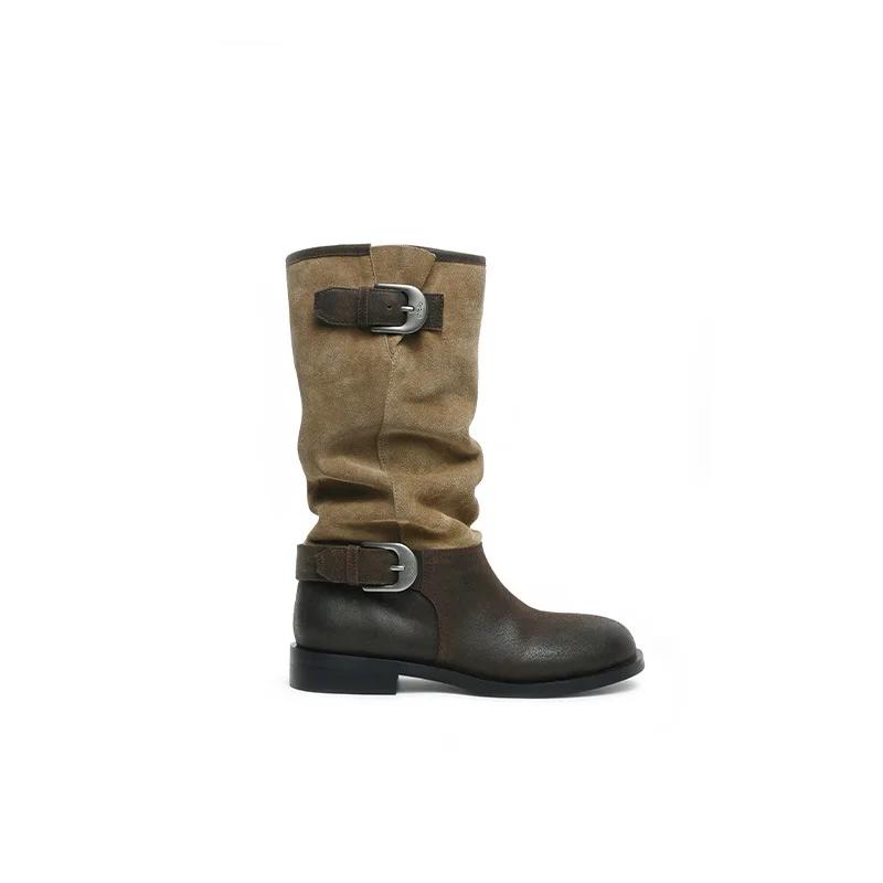 Women's Boots French Retro Belt Buckle Long Leg Knight Boots  New British Style Patchwork Pleated Calf Comfort Botas Mujer