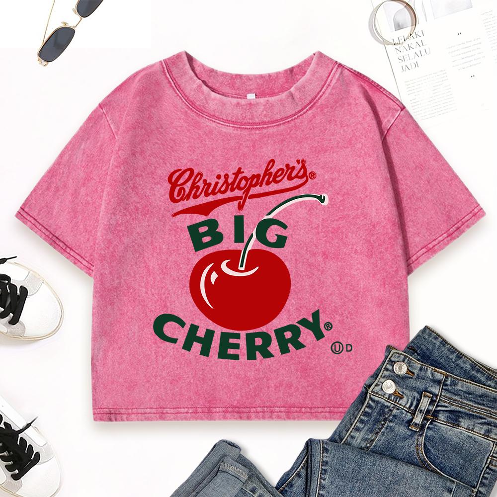 Red Cherry Fruit Printing Washed T-Shirt Woman Fashion Cotton T Shirts Crewneck Clothes Soft Vintage Short Sleeve