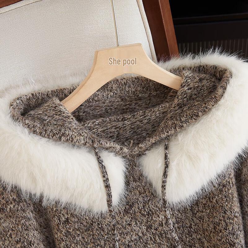 Women's Loose Fit Hooded Wool Blend Sweater with Large Faux Fur Collar