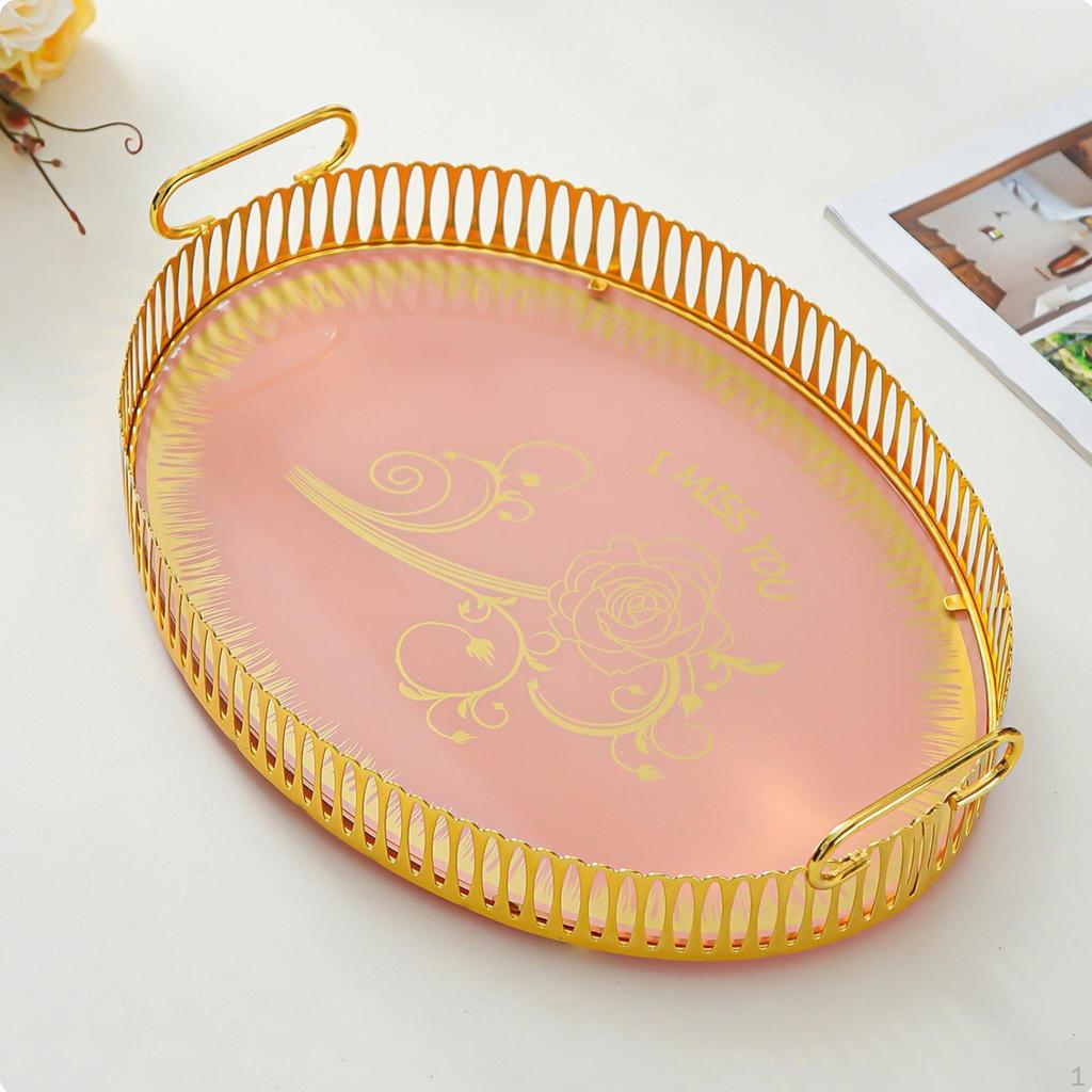 Oval Serving Tray Light Luxury Decorative Metal with Handles Versatile Marble Pattern Platter