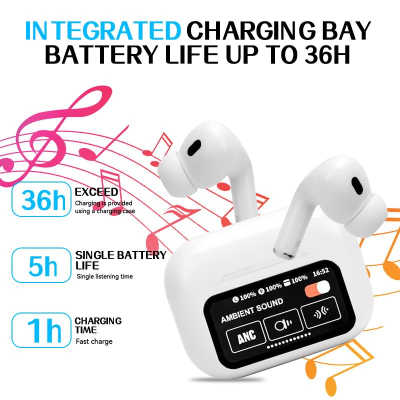 Bluetooth Headphones Touch Screen ANC Noise Cancelling Wireless Earbuds