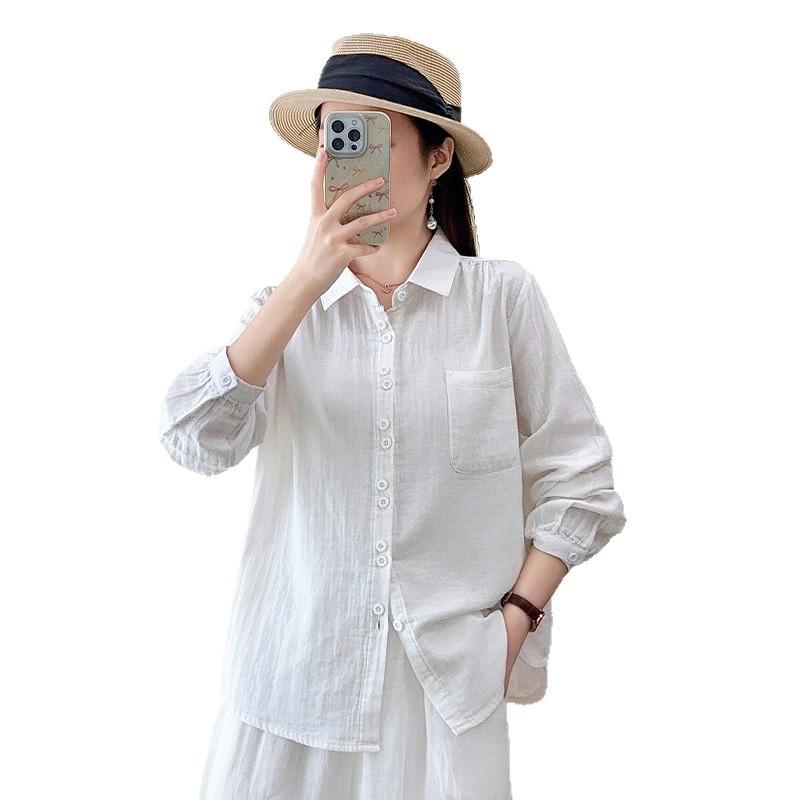 New literary and casual style double-layer cotton yarn pure cotton long-sleeved shirt simple temperament versatile loose and thin shirt women