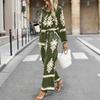 Women's Loose Fit Two Piece Outfit Long Sleeve Printed Shirt Elastic Waist Wide Leg Pants Set