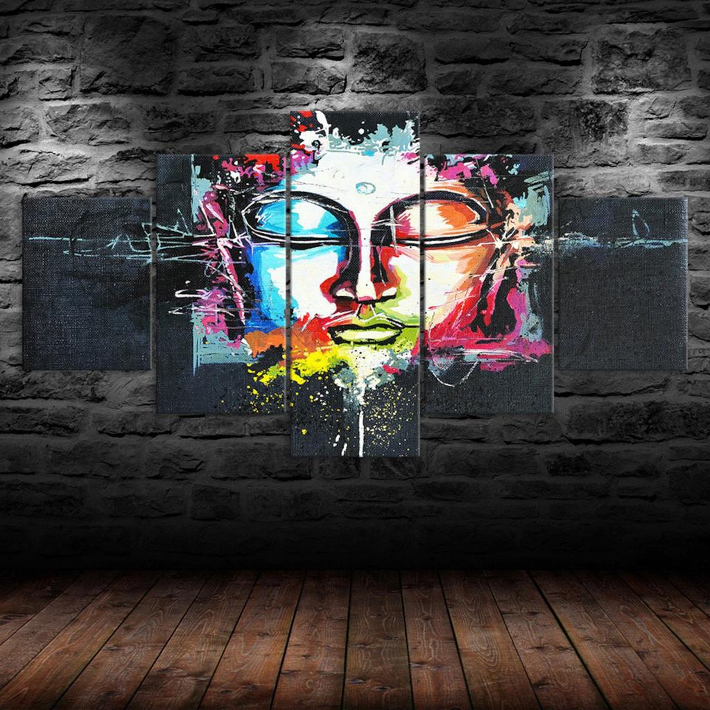 Abstract Colorful Buddha Face 5 Piece Five Panel Wall Canvas Print Modern Art Poster Picture Home Decor Gift For Him Her