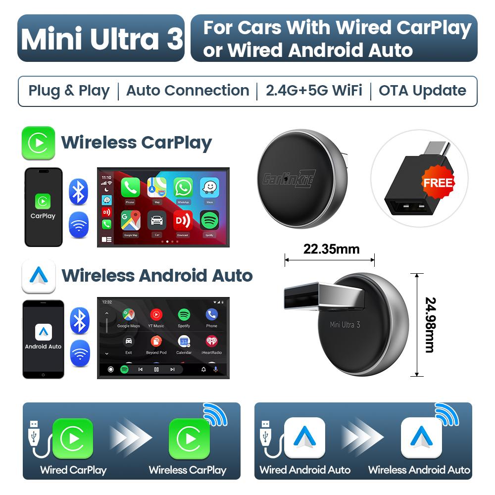 Mini Ultra 3 CarlinKit Wireless Android Auto & CarPlay Adapter 2.4Ghz&5Ghz WiFi BLE Auto Connect OTA Upgrade Mini Smart Car Box Brands Genuine