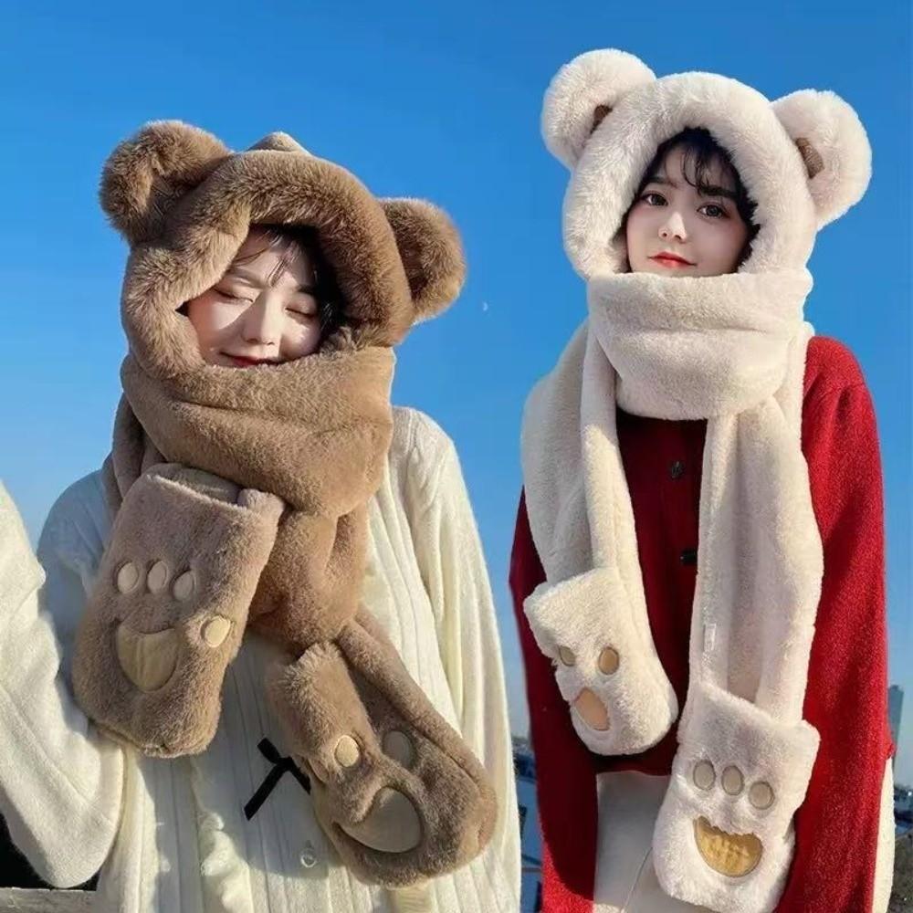 3-in-1 Hooded Scarf Windproof Winter Plush Scarf Cute Neck Warmer  Outdoor