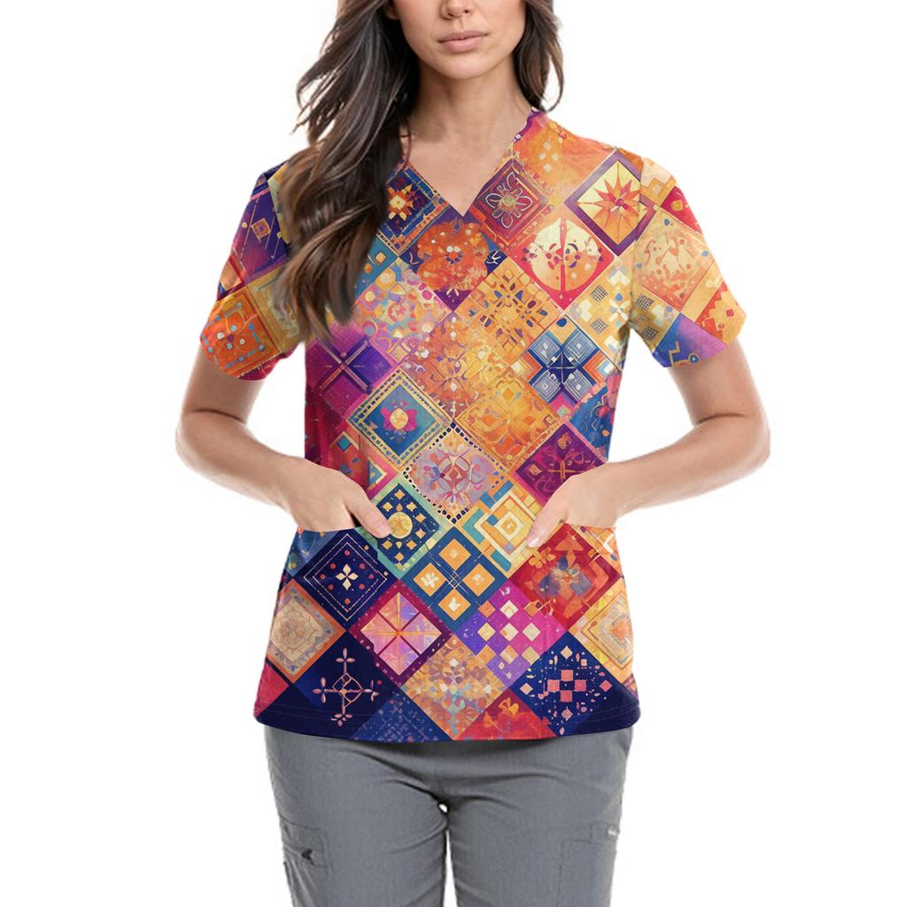 Women's Fashionable V-neck Workwear Printed Short Sleeved Pocket Side Slit Workwear Basic Pullover Top
