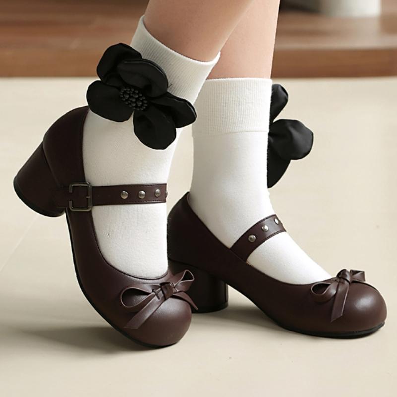 Women's Round Heels Mary Janes Shoes 2025 Fashion Black White Medium Heeled Office Dance Wedding Shoes for Girls Big Size 45 48