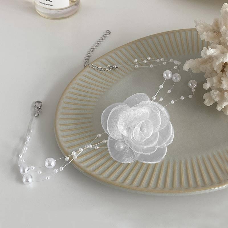 Elegant Multilayer Pearl Choker Necklace Vintage Lace Flower Chain Necklace For Women Fashion Wedding Jewelry Gift