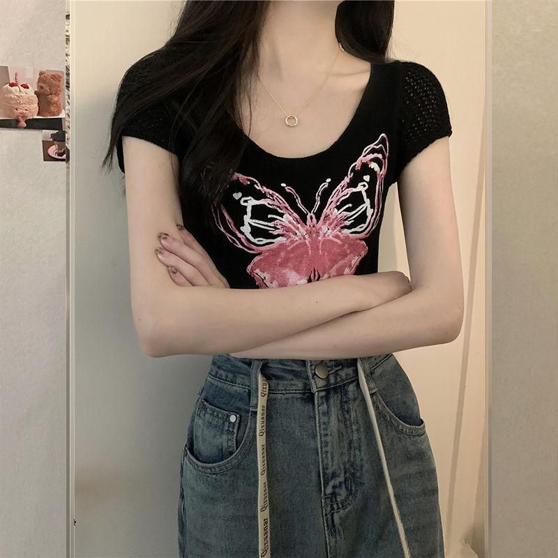 Butterfly Print Knitted Short Sleeved T-shirt for Women with A Unique and Chic Design Featuring A Niche Hollow Out Short Cut Top