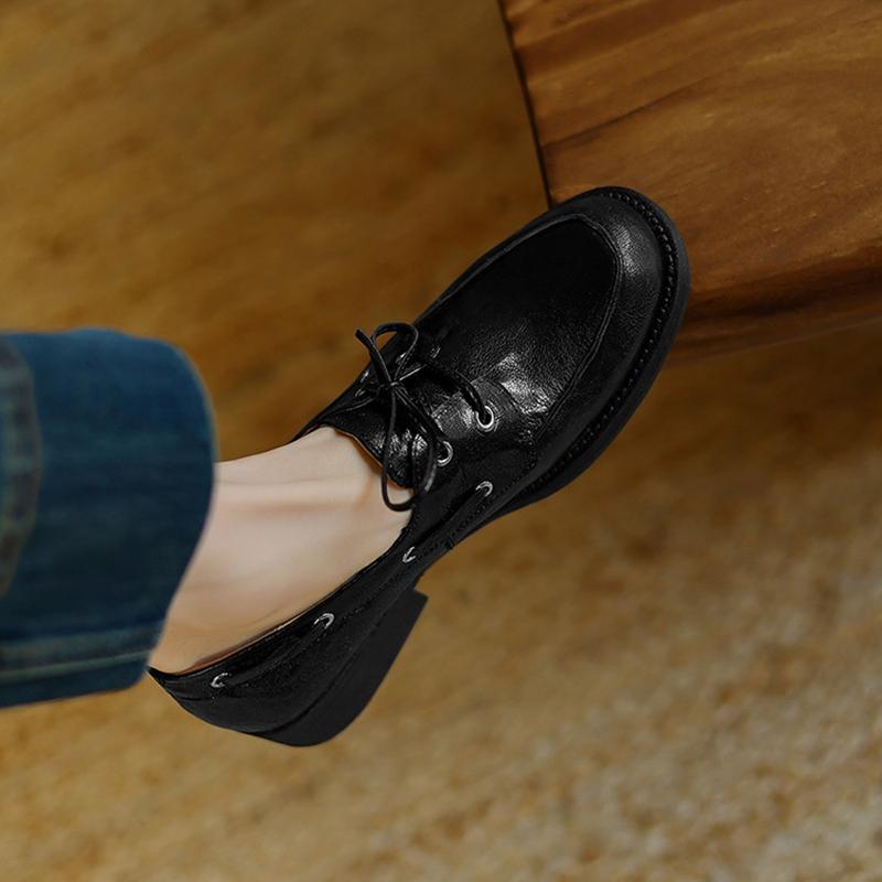 Fashion NEW Spring/Autumn Women Loafers Round Toe Chunky Heel Shoes Genuine Leather Shoes for Women Lace-up Women Pumps Handmade Shoes