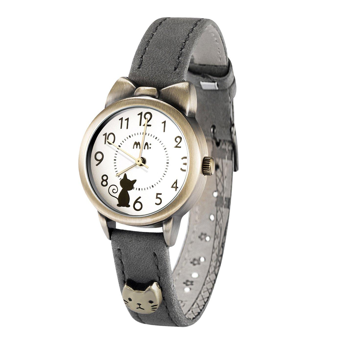 DREAMING Q&P Cute Cat Girl s Wristwatch FQ234 Gray Leather Band Girls Women Student Kids