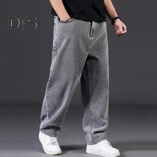Men Jeans High Waist Solid Color Spliced Denim Pants with Pockets Straight Wide Leg Long Pants Daily Wear