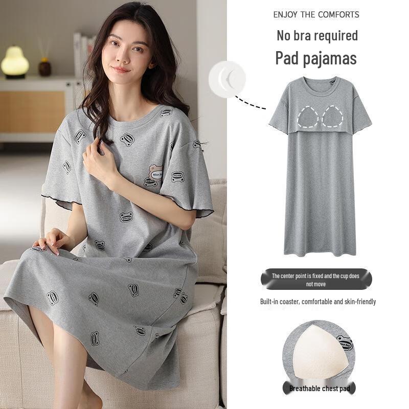 Gureide Women's Summer Cotton Short Sleeve Nightdress with Chest Pads
