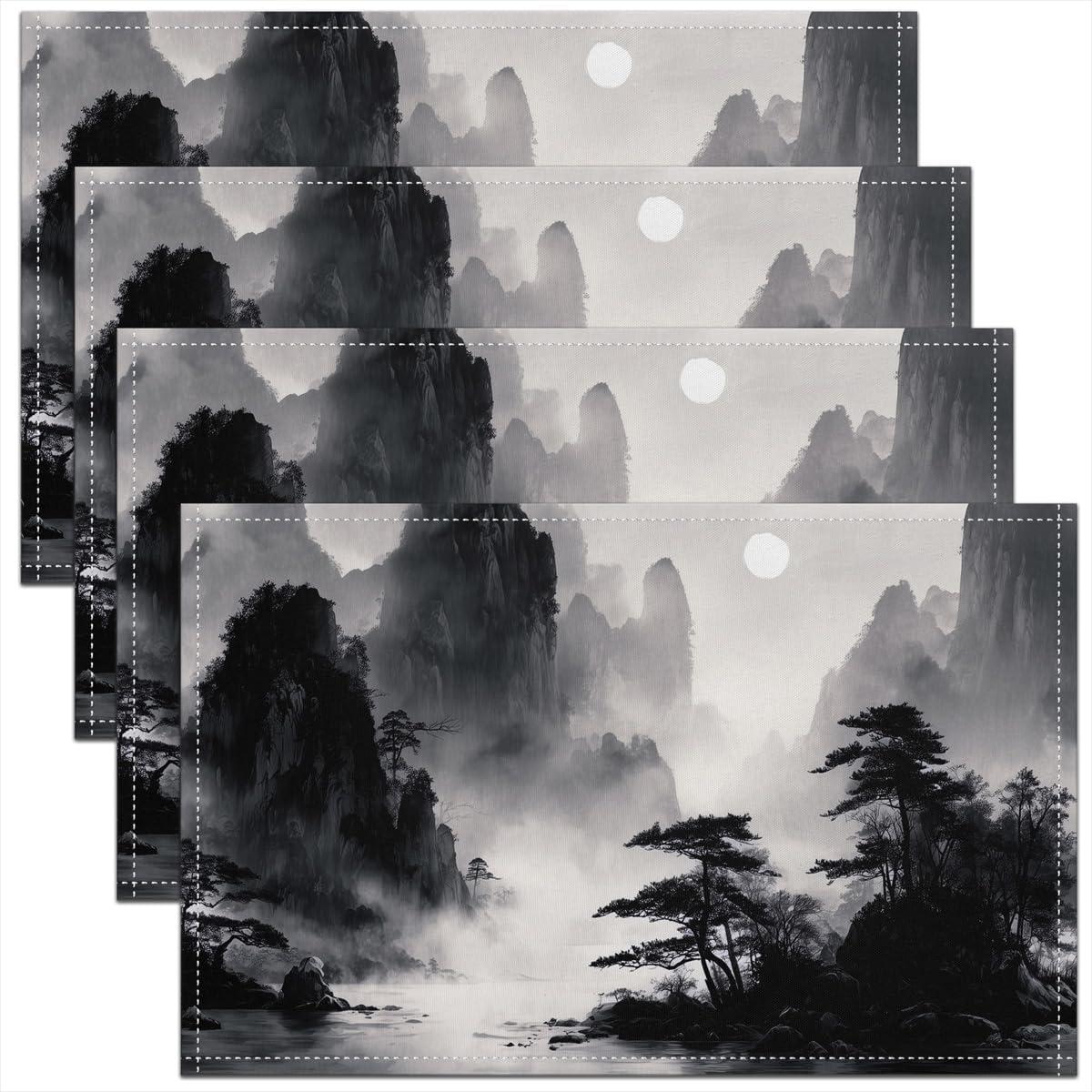 Placemats 4/6/8-Piece Set, Traditional Asian Landscape Wash Art Faux Linen Placemats, Non-Slip Washable Vintage Dining Mats 4pcs