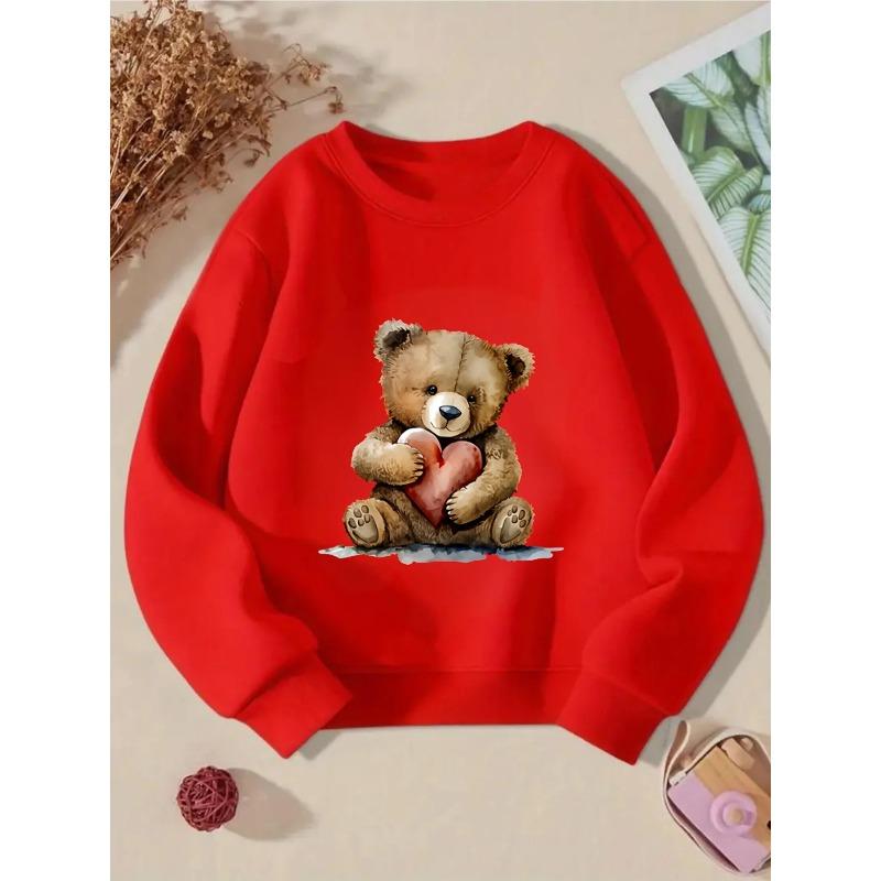 Crewneck Sweatshirt for Girls Featuring a Teddy Bear with a Red Heart, Suitable for Machine Washing. Ideal for Spring And Autumn
