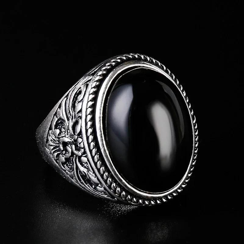 European and American Classical Vintage Black Agate Oval Ring Men's Art Carved Simple Men's Handicrafts