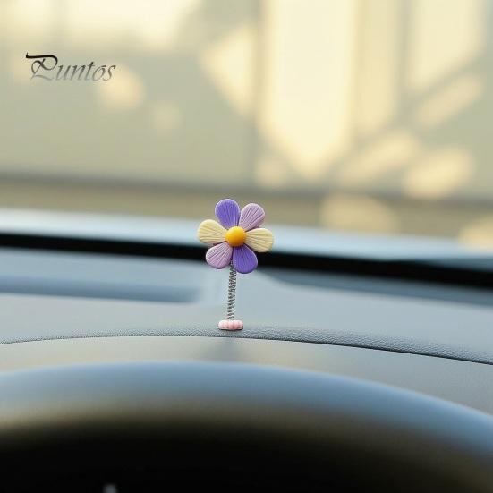 Car Aesthetic Decor 5Pcs Colorful Shaking Flower Decor, Resin Rainbow Sunflower Dashboard Ornament Cute for Teens with Non Slip Pad, Wobble